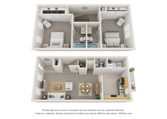 Floor plan for 2 beds, 2.5 baths, 1350 sqft